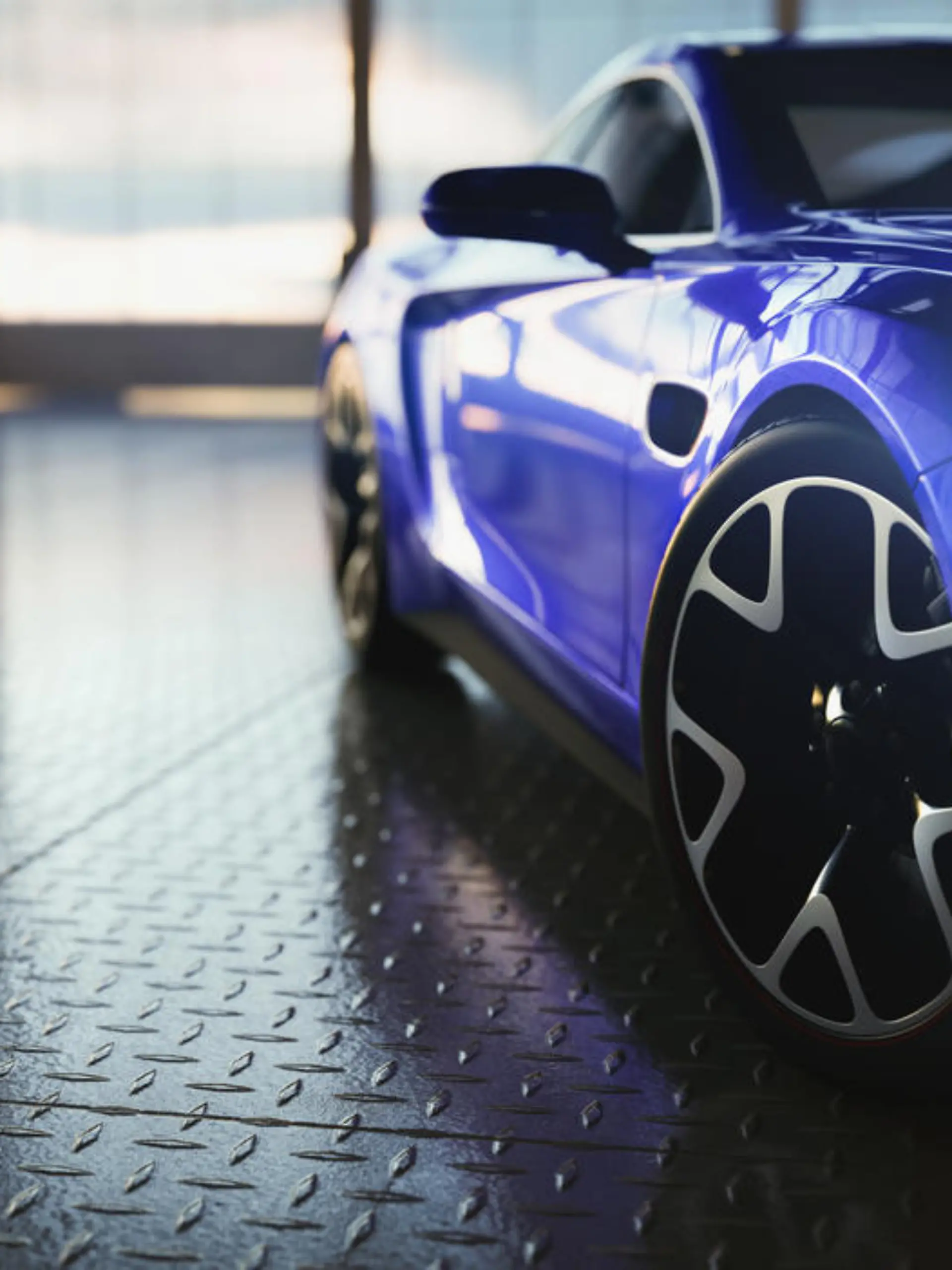 Modern blue coupe sports car in showroom with big windows. Front view. 3D illustration