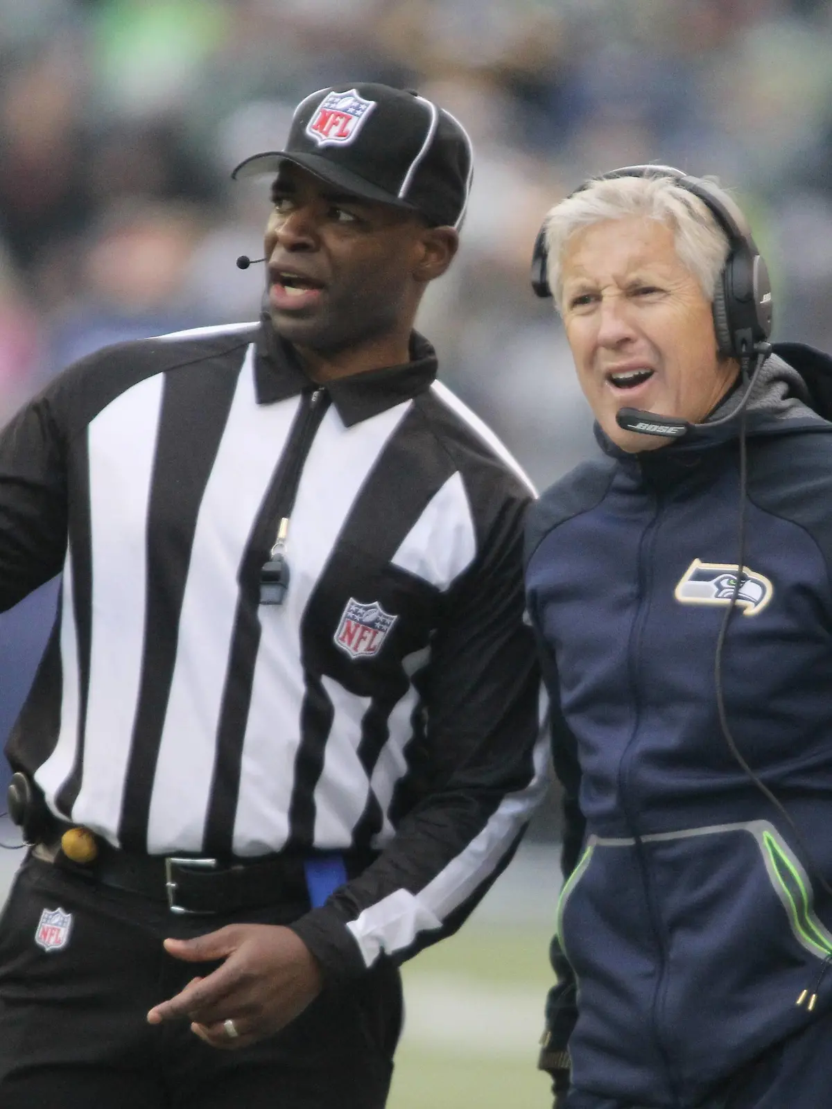 Seattle Seahawks head coach Pete Carroll questions Field Judge Eugene Hall over a call against the Pittsburgh Steelers at CenturyLink Field in Seattle, Washington on November 29, 2015. The Seahawks beat the Steelers 39-30. PUBLICATIONxINxGERxSUIxAUTxHUNxONLY SEA2015112923 JIMxBRYANT

Seattle Seahawks Head Coach Pete Carroll Questions Field Judge Eugene Hall Over A Call Against The Pittsburgh Steelers AT CenturyLink Field in Seattle Washington ON November 29 2015 The Seahawks Beat The Steelers 39 30 PUBLICATIONxINxGERxSUIxAUTxHUNxONLY  JIMxBRYANT