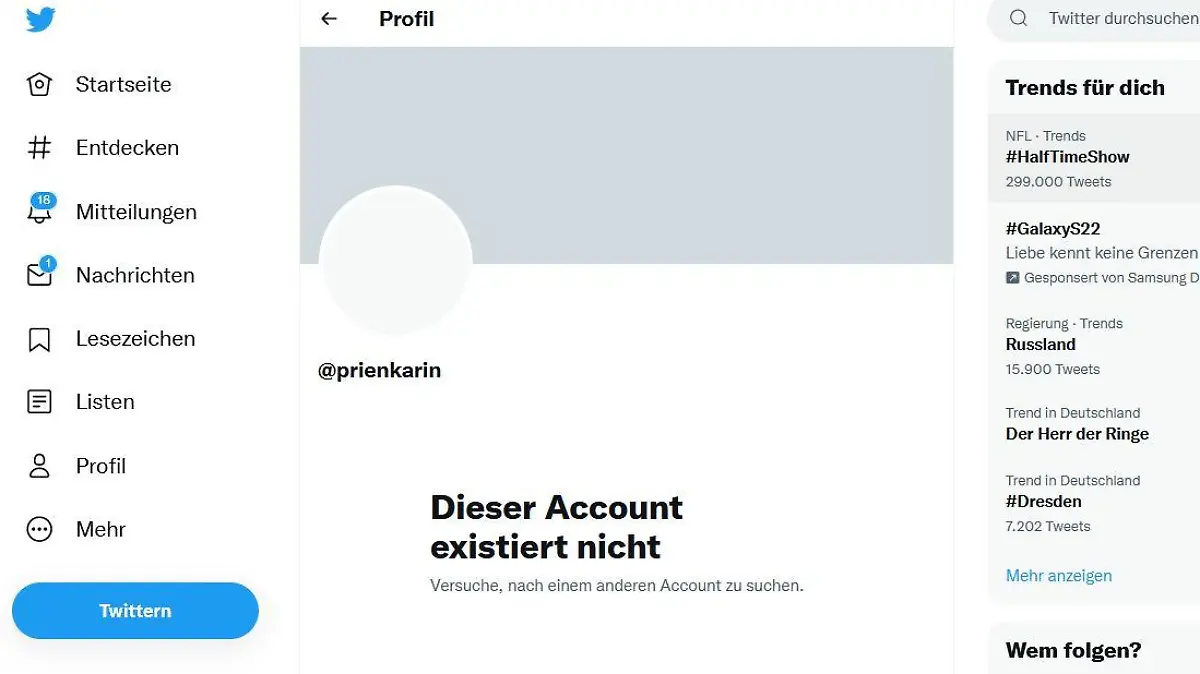 Das Profil von Karin Prien existiert nicht mehr auf Twitter.