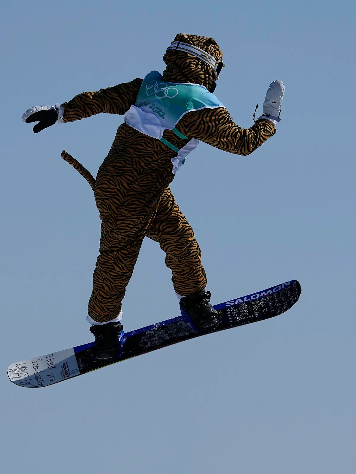 Lucile Lefevre of France competes during the women's snowboard big air qualifications of the 2022 Winter Olympics, Monday, Feb. 14, 2022, in Beijing. (AP Photo/Jae C. Hong)