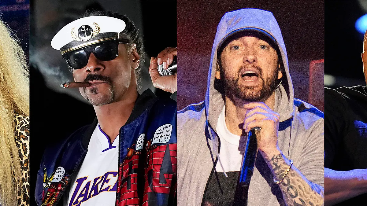 This combination of photos shows, from left, Kendrick Lamar, Mary J. Blige, Snoop Dogg, Eminem and Dr, Dre, who will perform for the first time together on stage at the 2022 Pepsi Super Bowl Halftime Show. NFL, Pepsi and Roc Nation announced Thursday that the five music icons will perform on Feb. 13 at SoFi Stadium in Inglewood, Calif. (AP Photo)