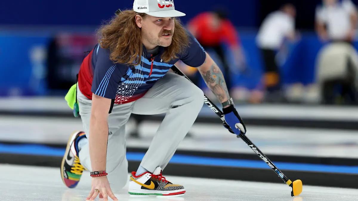 BEIJING, CHINA - FEBRUARY 10: Matt Hamilton of Team United States looks on against Team Sweden during the Men's Round Robin Session on Day 6 of the Beijing 2022 Winter Olympic Games at National Aquatics Centre on February 10, 2022 in Beijing, China. (Photo by Richard Heathcote/Getty Images)