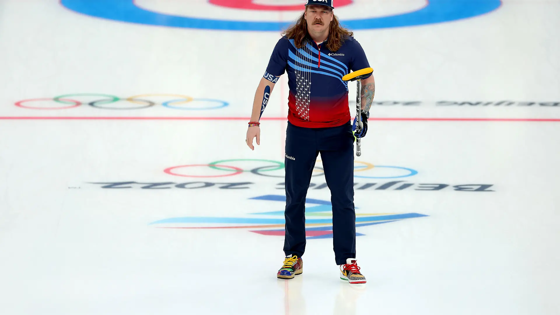 BEIJING, CHINA - FEBRUARY 12: Matt Hamilton of Team United States looks on against Team Norway during the Men's Round Robin Curling Session on Day 8 of the Beijing 2022 Winter Olympic Games at National Aquatics Centre on February 12, 2022 in Beijing, China. (Photo by Lintao Zhang/Getty Images)