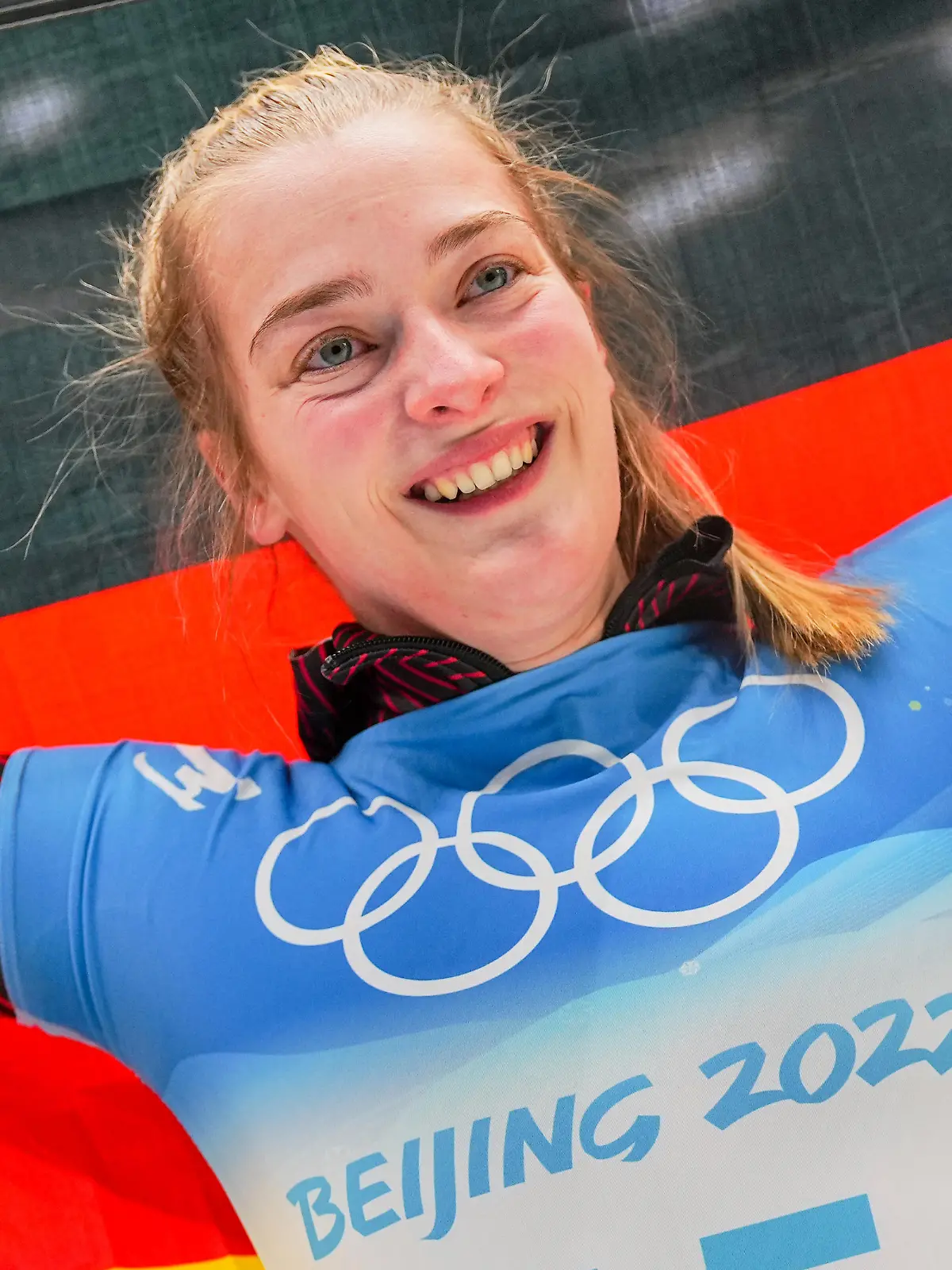 Olympia, Skeleton, Frauen, Lauf 4, im National Sliding Centre, Hannah Neise aus Deutschland jubelt über ihren Sieg.