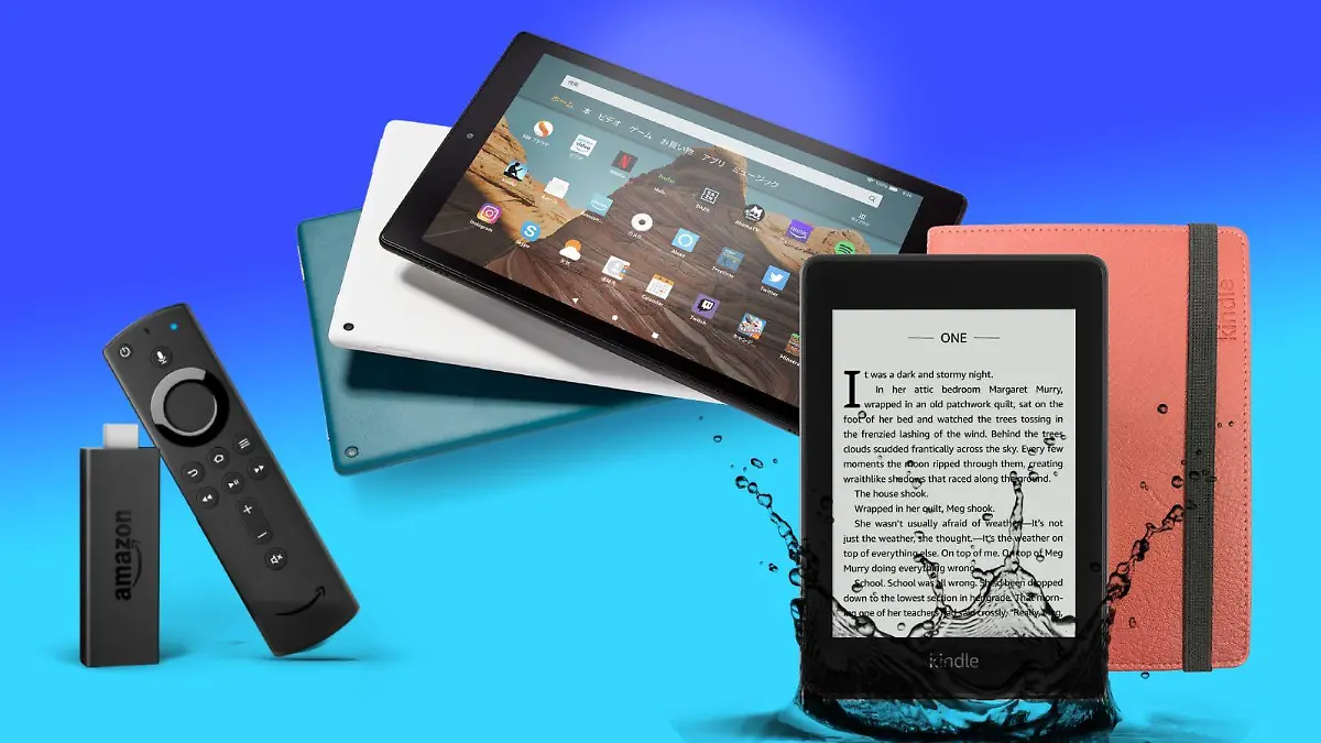 Ein Fire TV Stick, ein Kindle E-Book-Reader und ein Tablet stehen vor einem blauen Hintergrund.