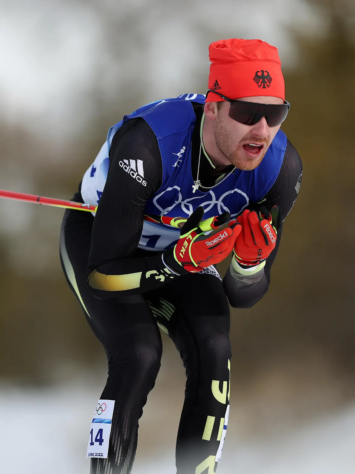 ZHANGJIAKOU, CHINA - FEBRUARY 11: Albert Kuchler of Team Germany competes during the Men's Cross-Country Skiing 15km Classic on Day 7 of  Beijing 2022 Winter Olympics at The National Cross-Country Skiing Centre on February 11, 2022 in Zhangjiakou, China. (Photo by Maja Hitij/Getty Images)
