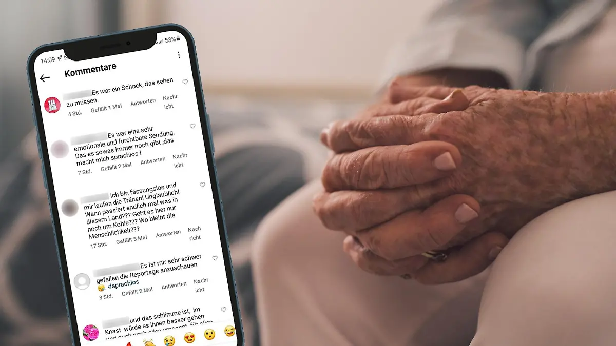Hände von Mann im Altenheim und Smartphone-Bildschirm mit Social-Media-Kommentaren