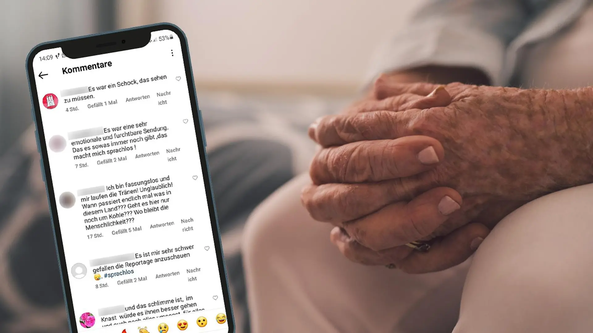 Hände von Mann im Altenheim und Smartphone-Bildschirm mit Social-Media-Kommentaren