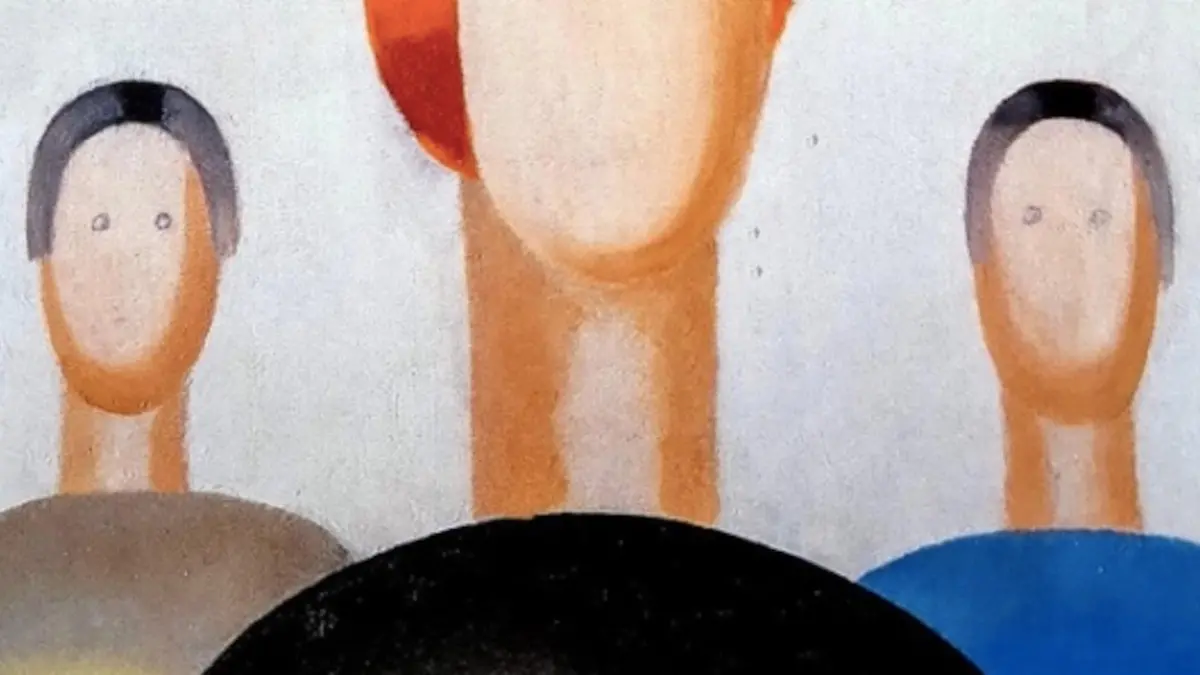 A vandal added eyes to non-objective figures in Anna Leporskaya's painting at an exhibition at the Yeltsin Center in Yekaterinburg, Russia in December 2021. (Newsflash)