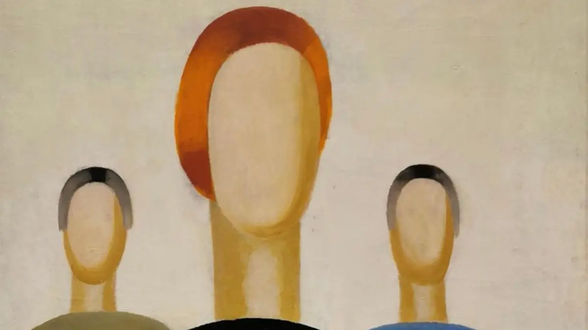 A painting by Anna Leporskaya, in which a vandal added eyes to non-objective figures at an exhibition at the Yeltsin Center in Yekaterinburg, Russia in December 2021. (Newsflash)