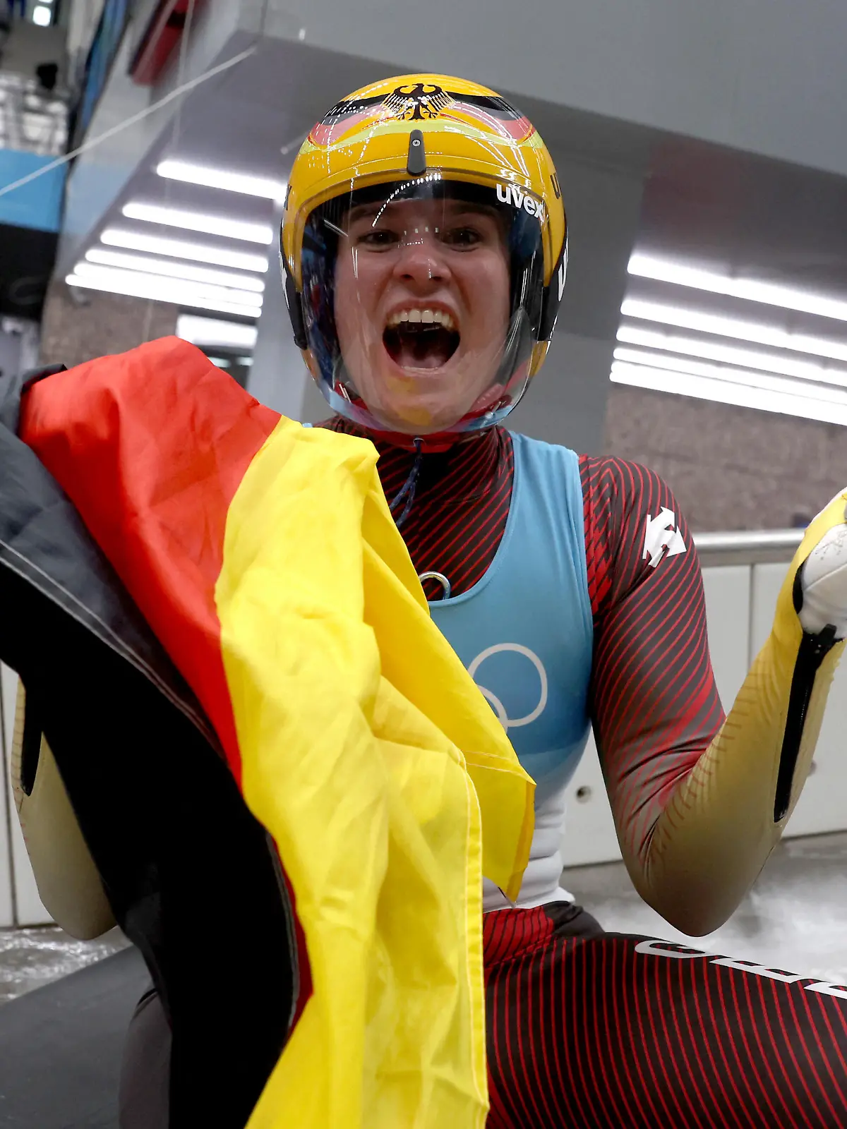 2022 Beijing Olympics - Luge - Women's Singles Run 4 - National Sliding Centre, Beijing, China - February 8, 2022. Natalie Geisenberger of Germany celebrates after winning gold. REUTERS/Edgar Su