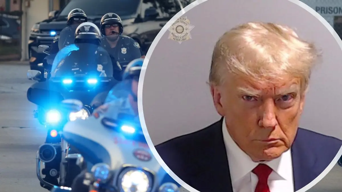 Polizisten auf Motorrädern eskortieren die Fahrzeugkolonne von Donald Trump. Rechts auf unserer Collage: Das Polizeifoto des früheren US-Präsidenten.