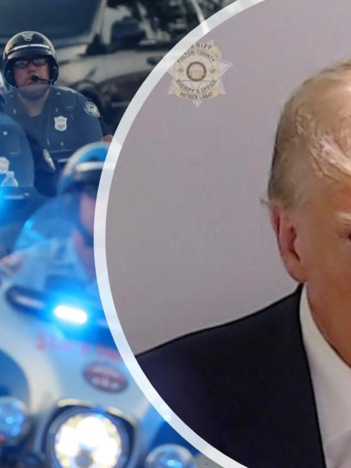 Polizisten auf Motorrädern eskortieren die Fahrzeugkolonne von Donald Trump. Rechts auf unserer Collage: Das Polizeifoto des früheren US-Präsidenten.