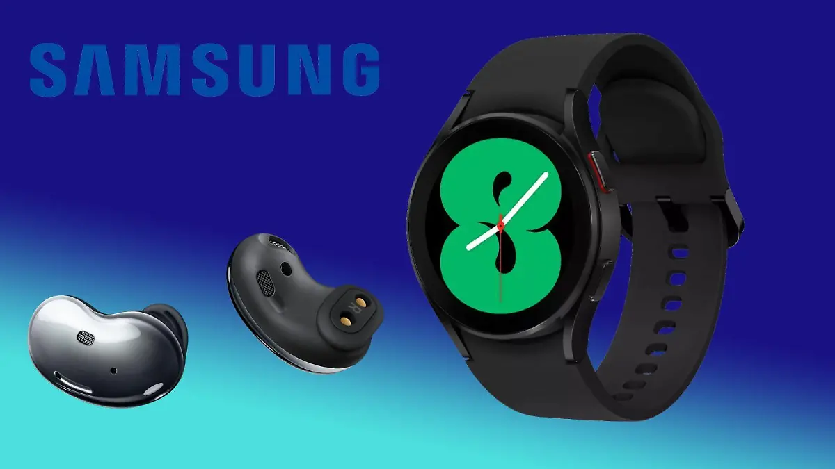 Die Samsung Smartwatch und die Galaxy Buds sind vor einem farbigen Hintergrund zu sehen.