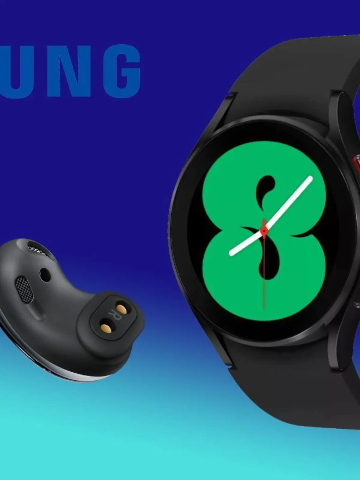 Die Samsung Smartwatch und die Galaxy Buds sind vor einem farbigen Hintergrund zu sehen.