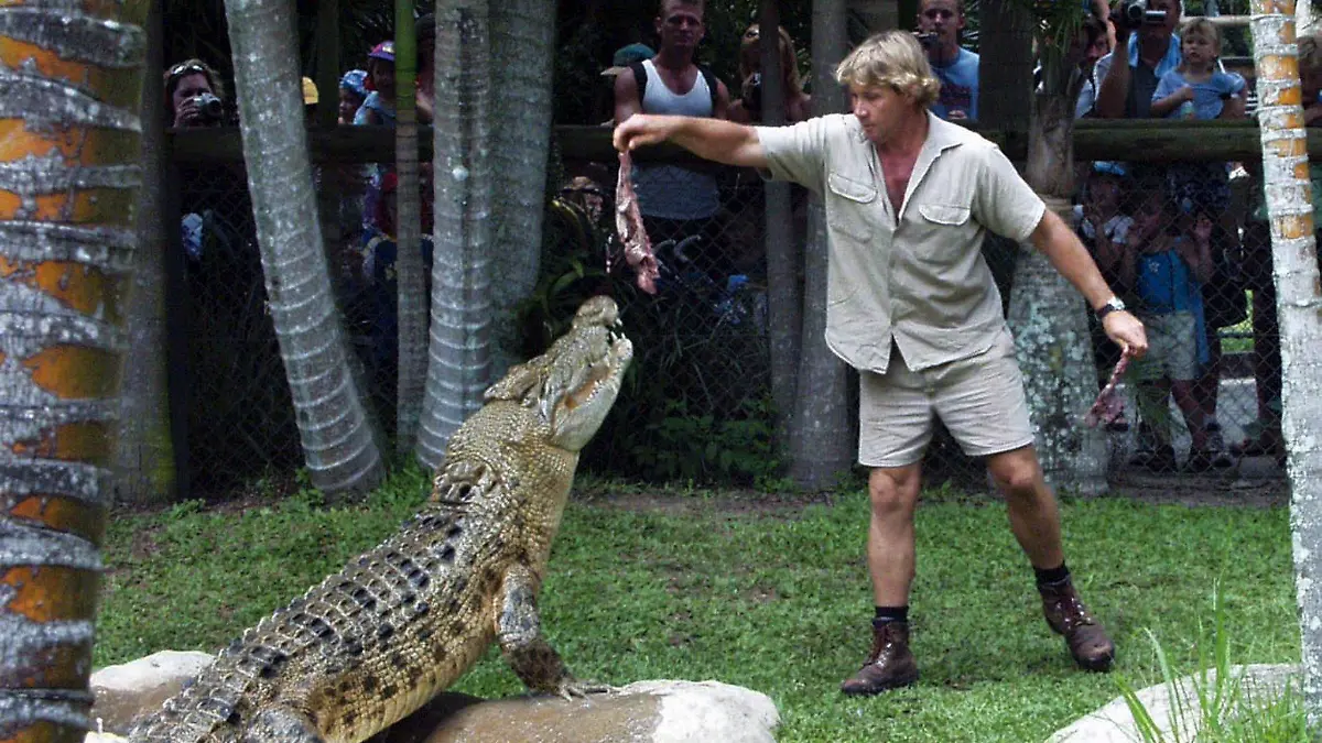 epa00808656 (FILE) A file photograph dated 08 Febuary 2002 showing Crocodile Hunter Steve Irwin demonstrates his crocodile skills at the Australia Zoo on the Sunshine Coast. Irwin, aged 44, has died, Monday, 04 Septemeber 2006, in a marine accident while filming an underwater documentary off Port Douglas, his body has been flown to Cairns. EPA/VERA DEVAI AUSTRALIA AND NEW ZEALAND OUT