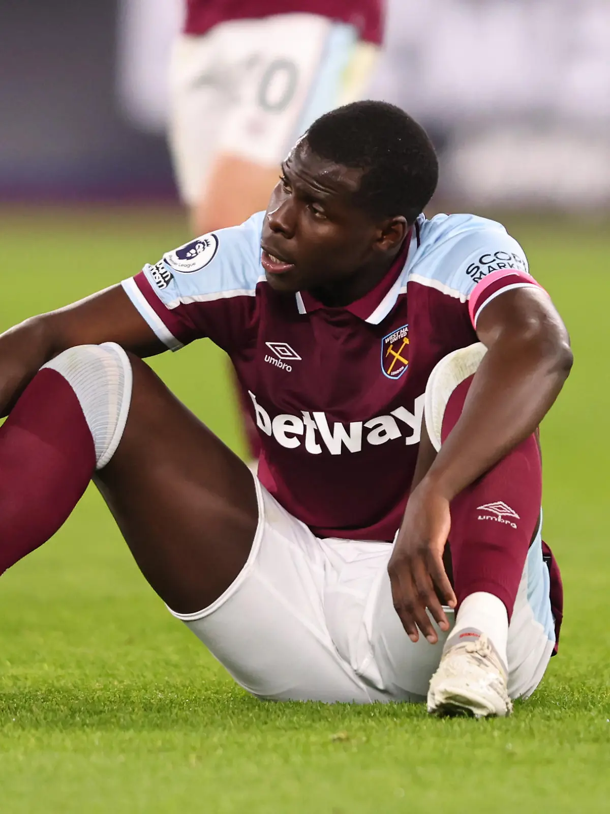 LONDON, ENGLAND - FEBRUARY 08:  Kurt Zouma of West Ham United looks dejected after  the Premier League match between West Ham United and Watford at London Stadium on February 8, 2022 in London, United Kingdom. (Photo by Marc Atkins/Getty Images)