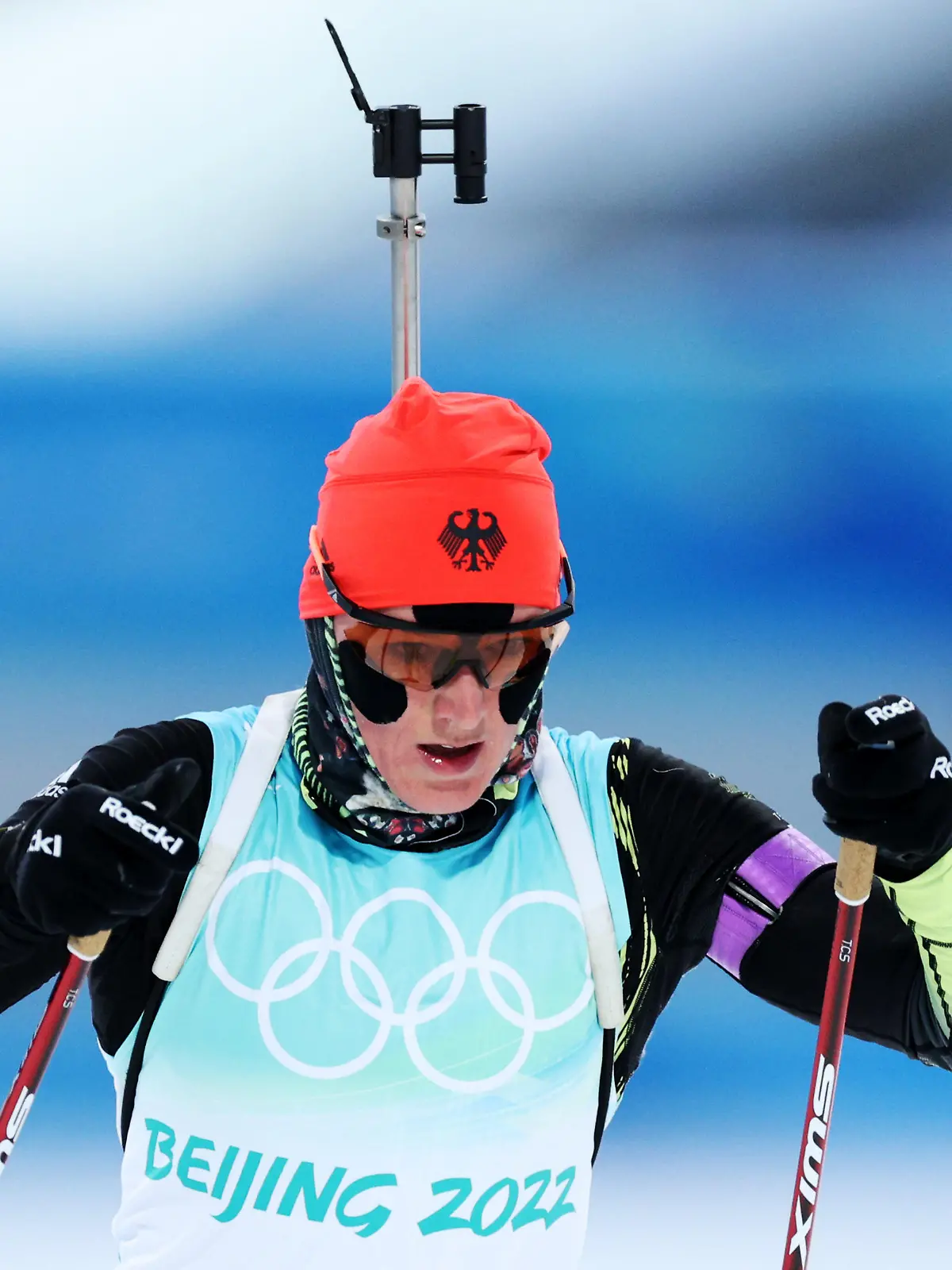 ZHANGJIAKOU, CHINA - FEBRUARY 05: Denise Herrmann of Team Germany skis  during Mixed Biathlon 4x6km relay at National Biathlon Centre on February 05, 2022 in Zhangjiakou, China. (Photo by Ezra Shaw/Getty Images)