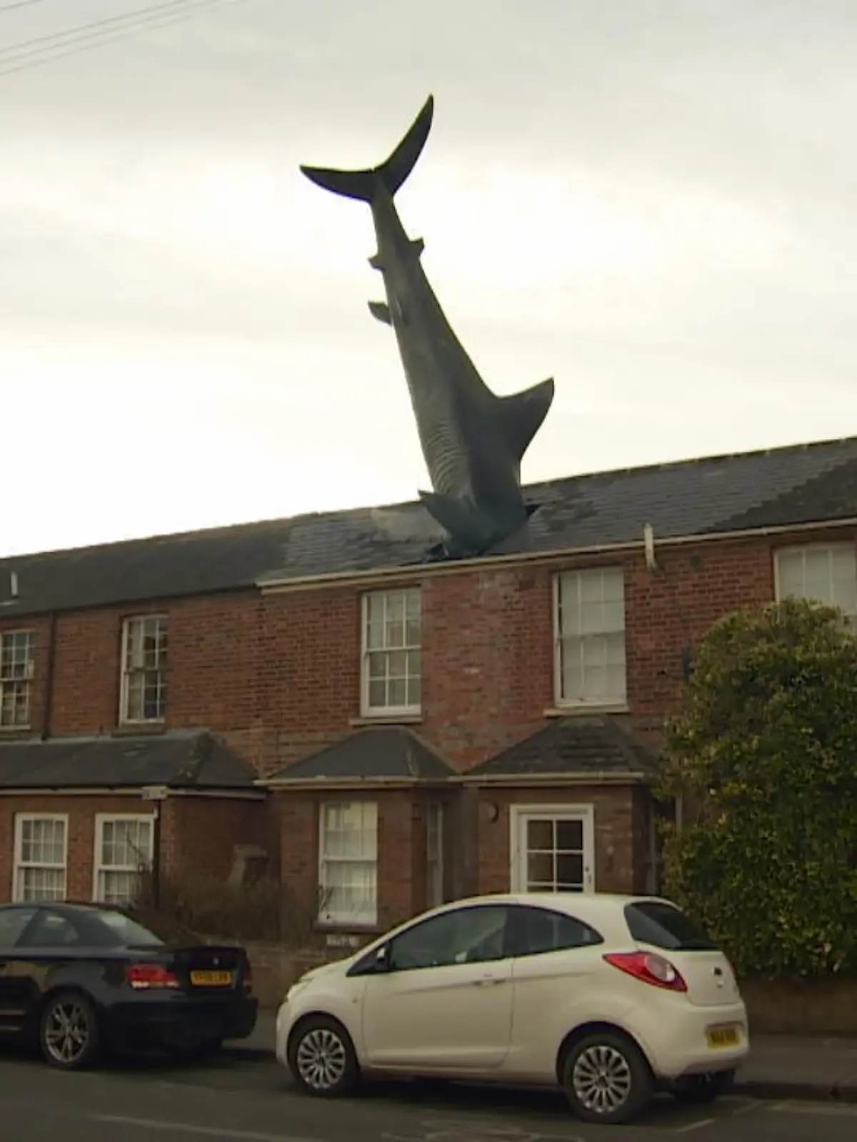 Wo sonst Schornsteine und Satellitenschüsseln in den Himmel ragen, hat ein Haus in Oxford etwas ganz Besonderes: einen acht Meter langen Hai! Der steckt kopfüber im Hausdach fest. Auf welches Problem diese eigenwillige Dachkonstruktion hinweisen will, sehen Sie im Video.