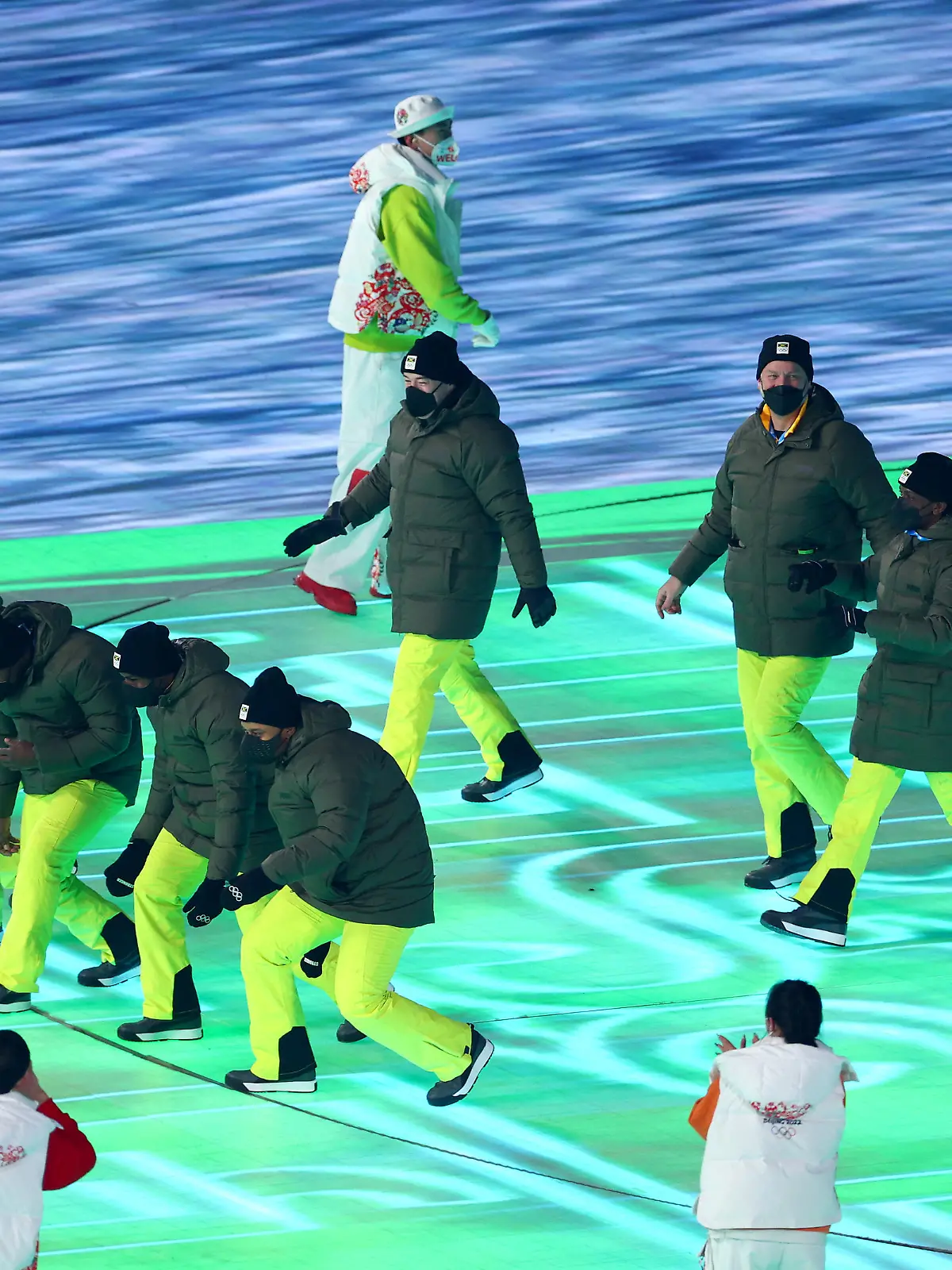 BEIJING, CHINA - FEBRUARY 04: Members of Team Jamaica  during the Opening Ceremony of the Beijing 2022 Winter Olympics at the Beijing National Stadium on February 04, 2022 in Beijing, China. (Photo by Elsa/Getty Images)