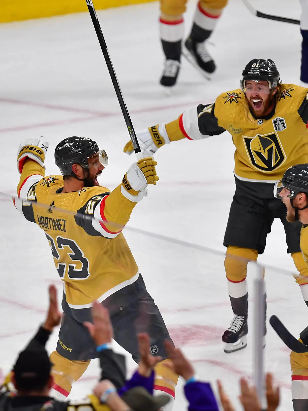 NHL, Eishockey Herren, USA Stanley Cup Final-Florida Panthers at Vegas Golden Knights Jun 5, 2023 Las Vegas, Nevada, USA Vegas Golden Knights defenseman Alec Martinez 23 celebrates a goal with right wing Jonathan Marchessault 81 and center Ivan Barbashev 49 in the first period against the Florida Panthers in game two of the 2023 Stanley Cup Final at T-Mobile Arena. Las Vegas T-Mobile Arena Nevada USA, EDITORIAL USE ONLY PUBLICATIONxINxGERxSUIxAUTxONLY Copyright: xGaryxA.xVasquezx 20230605_szo_om2_0073