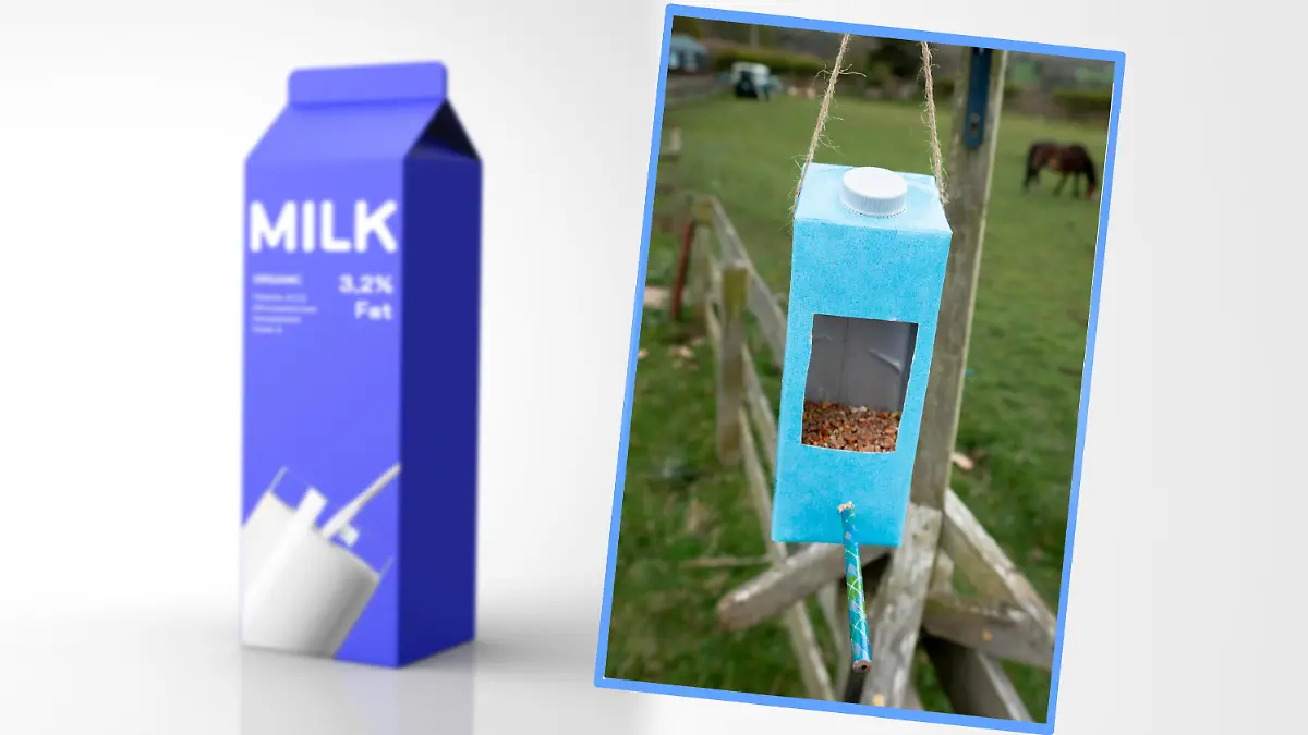 Ein selbst gebasteltes Vogelhaus aus einem Milchkarton.