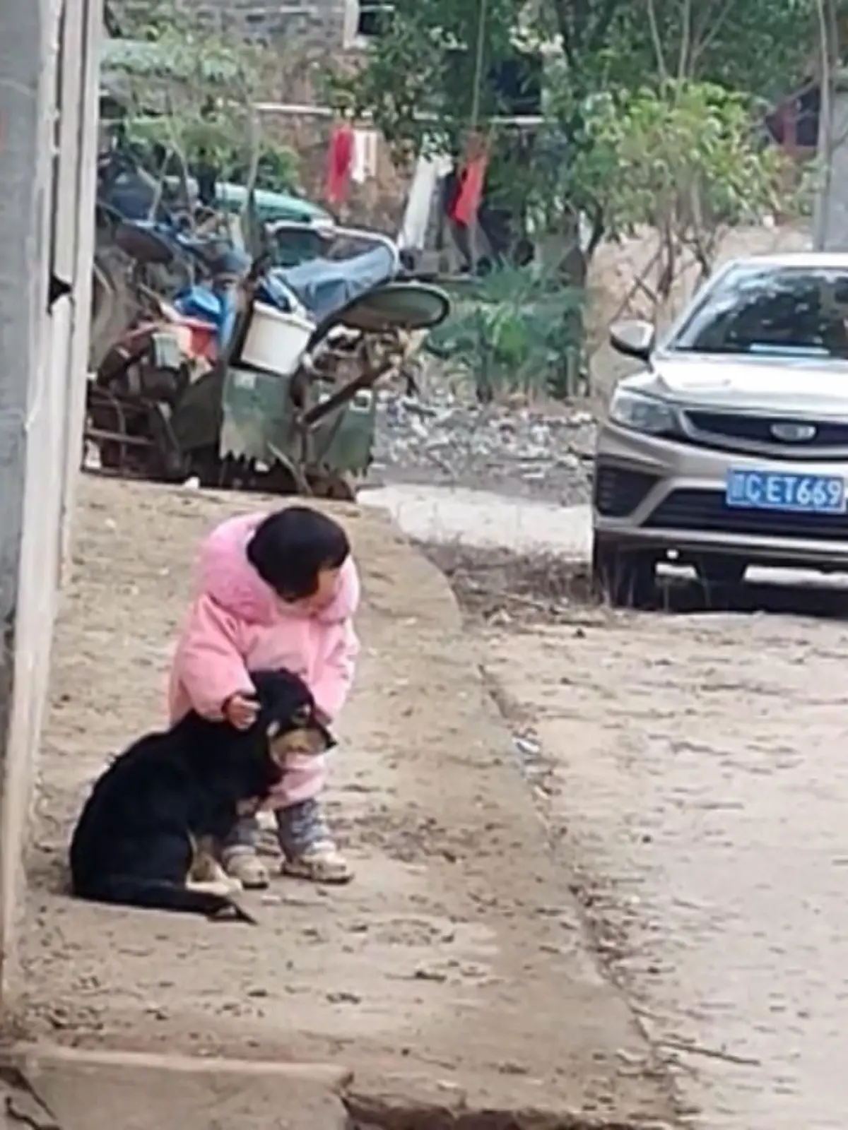 Mädchen beschützt Hund vor Feuerwerk. 
Erst streichelt die Kleine den Hund und als dann einige Feuerwerkskörper explodieren, hält sie ihm schnell die Ohren zu. Diese süße Szene, sehen Sie im Video.