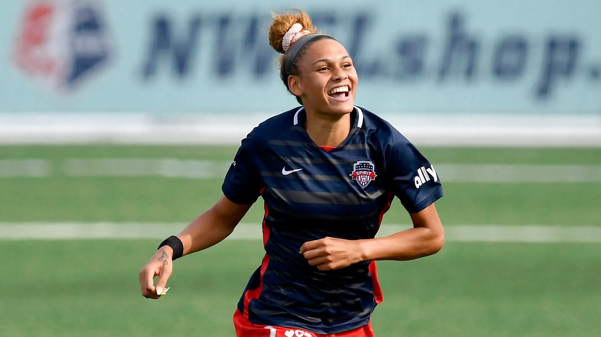 LEESBURG, VA - JULY 18: Washington Spirit forward Trinity Rodman 2 smiles after scoring a first half goal during the NWSL game between New Jersey / New York Gotham FC and Washington Spirit July 18, 2020 at Segra Field in Leesburg, VA. Photo by Randy Litzinger/Icon Sportswire SOCCER: JUL 18 NWSL - NJ/NY Gotham FC at Washington Spirit Icon9662107180279