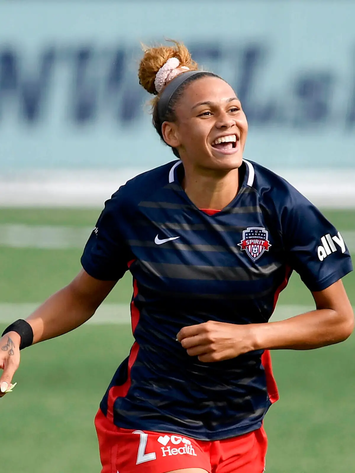  LEESBURG, VA - JULY 18: Washington Spirit forward Trinity Rodman 2 smiles after scoring a first half goal during the NWSL game between New Jersey / New York Gotham FC and Washington Spirit July 18, 2020 at Segra Field in Leesburg, VA. Photo by Randy Litzinger/Icon Sportswire SOCCER: JUL 18 NWSL - NJ/NY Gotham FC at Washington Spirit Icon9662107180279