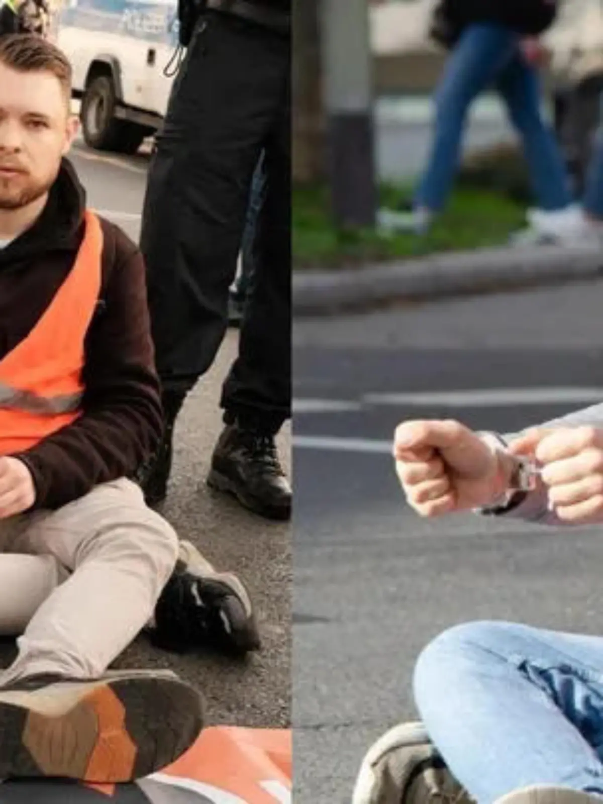 Moritz Riedacher sitzt in orangener Warnweste auf der Straße