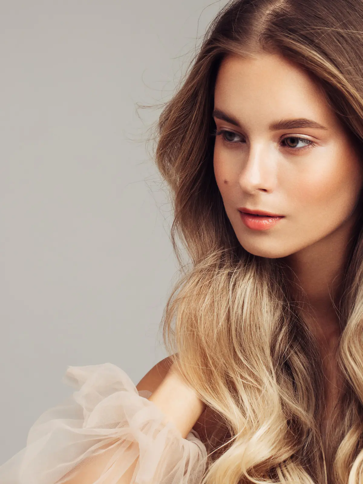 Portrait of gorgeous young woman with elegant make up and perfect golden hairstyle
