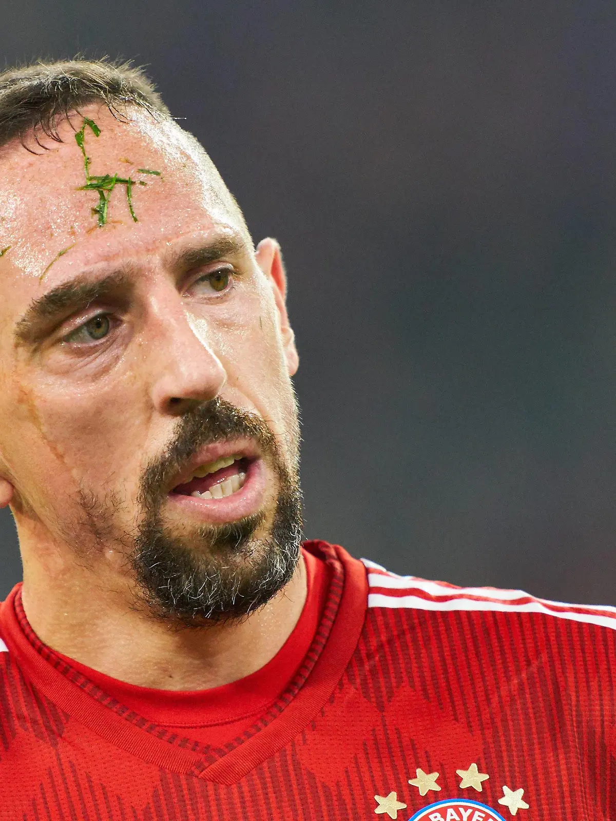 FC Bayern Soccer, November 03, 2018 Franck RIBERY, FCB 7 with grass on his head, half-size, portrait, FC BAYERN MUNICH - SC FREIBURG 1-1 - DFL REGULATIONS PROHIBIT ANY USE OF PHOTOGRAPHS as IMAGE SEQUENCES and/or QUASI-VIDEO - 1.German Soccer League , Munich, November 03, 2018 Season 2018/2019, matchday 10, FCB Photographer: Peter Schatz / MAGICS  