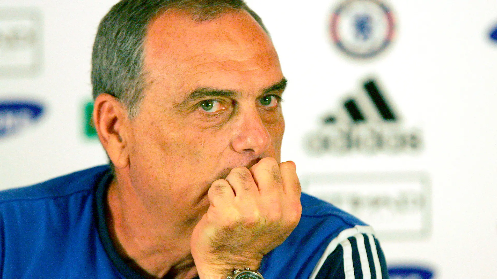FILE - Avram Grant, then Chelsea head coach, considers a question during a news conference at the Chelsea training ground, in Cobham, Britain, May 9, 2008. Grant has been accused in a new investigative report of sexually harassing multiple women. Israel's Channel 12 TV on Sunday, Jan. 31, 2022, broadcast a series of interviews with women saying that Grant had made unwanted advances while offering to help promote their careers. (AP Photo/Tom Hevezi, File)
