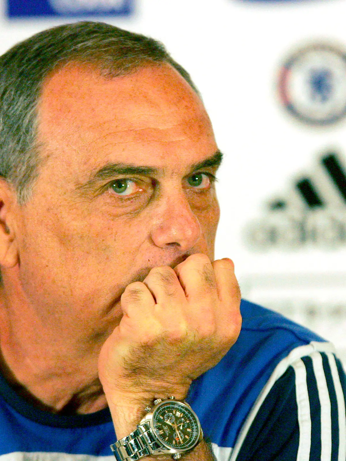 FILE - Avram Grant, then Chelsea head coach, considers a question during a news conference at the Chelsea training ground, in Cobham, Britain, May 9, 2008. Grant has been accused in a new investigative report of sexually harassing multiple women. Israel's Channel 12 TV on Sunday, Jan. 31, 2022, broadcast a series of interviews with women saying that Grant had made unwanted advances while offering to help promote their careers. (AP Photo/Tom Hevezi, File)