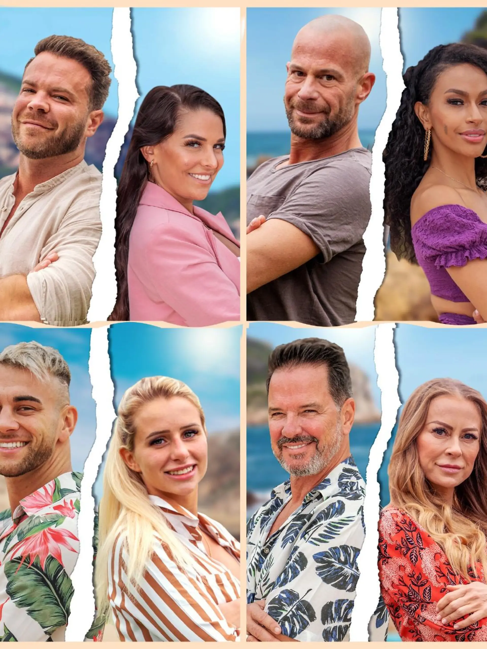 V.l.o.: Luigi Birofio _Gigi_ und Michelle Daniaux, Marcus Muth und Meike Emonts, Markus Kok _Koki_ und Cecilia Asoro, Patrick Eid und Doreen Dietel. V.l.u.:Robin Riebling und Lena Schiwiora, Serkan Yavuz und Carina Spack, Alex Jolig und Jenny Elvers, Dominik Wirlend und Sarah Joelle Jahnel.
Die Verwendung des sendungsbezogenen Materials ist nur mit dem Hinweis und Verlinkung auf RTL+ gestattet.