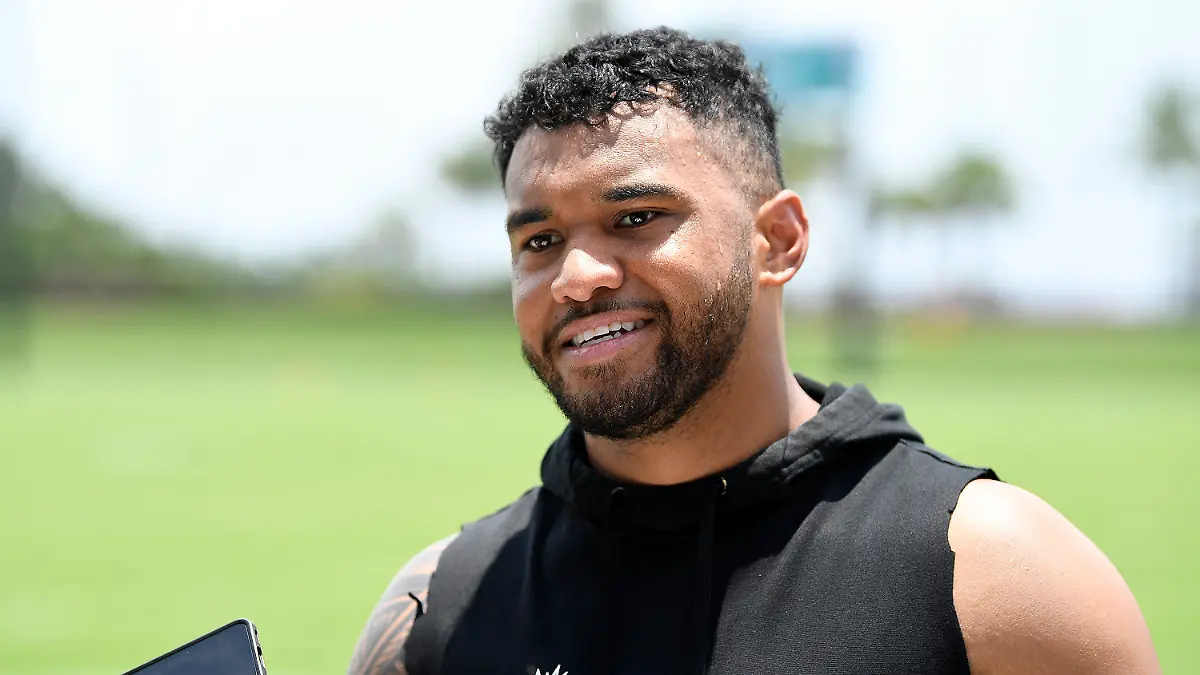 Miami Dolphins quarterback Tua Tagovailoa speaks to the news media after practice at the NFL football team's training facility, Wednesday, June 7, 2023, in Miami Gardens, Fla. (AP Photo/Michael Laughlin)
