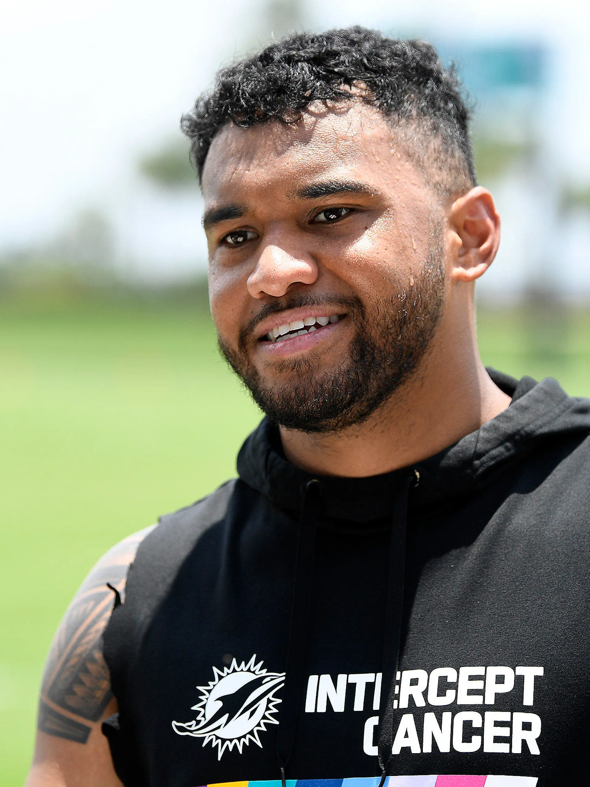 Miami Dolphins quarterback Tua Tagovailoa speaks to the news media after practice at the NFL football team's training facility, Wednesday, June 7, 2023, in Miami Gardens, Fla. (AP Photo/Michael Laughlin)