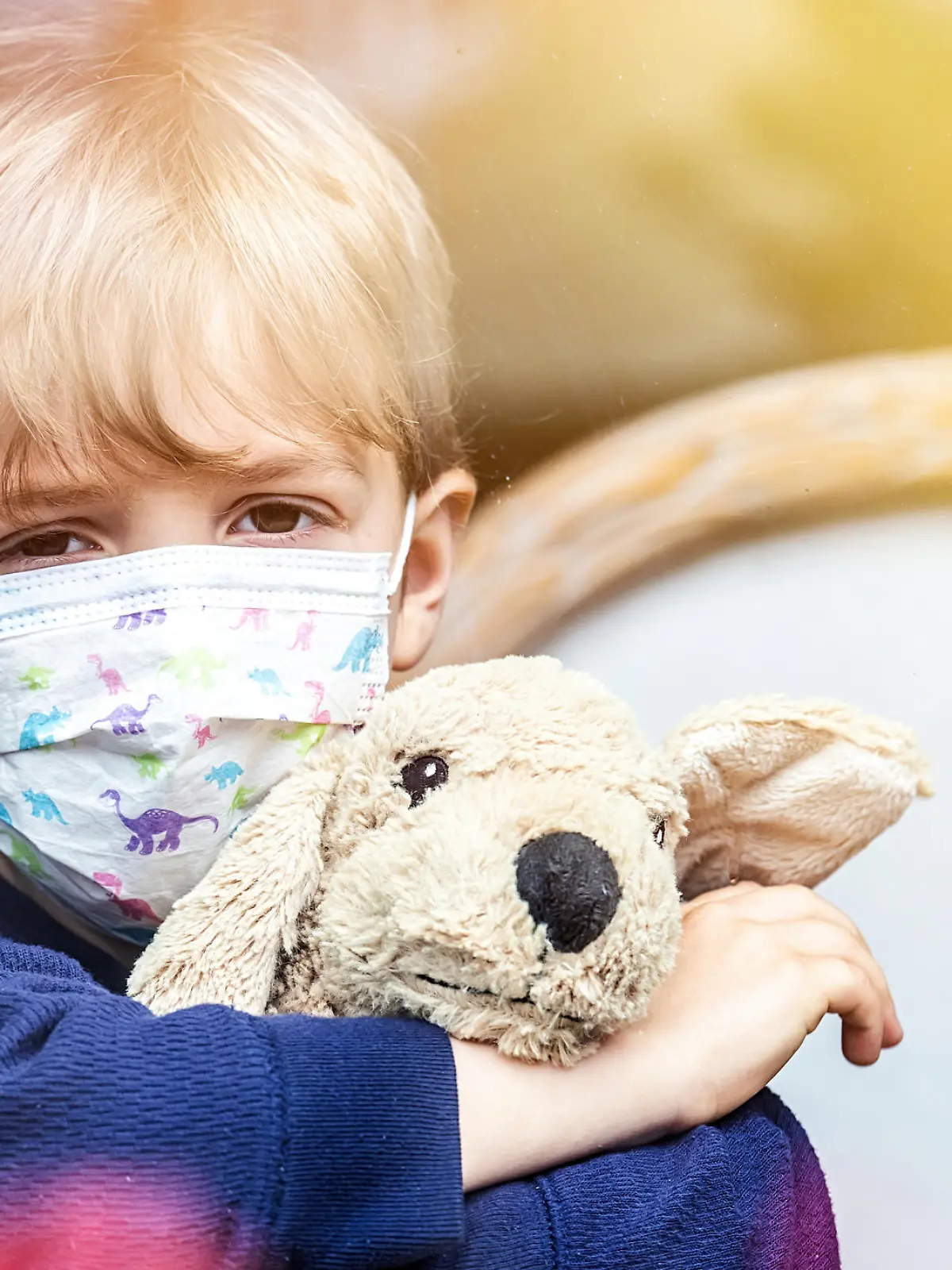 Caucasian sad Little child boy looking through a window using a surgical mask holding a toy dog