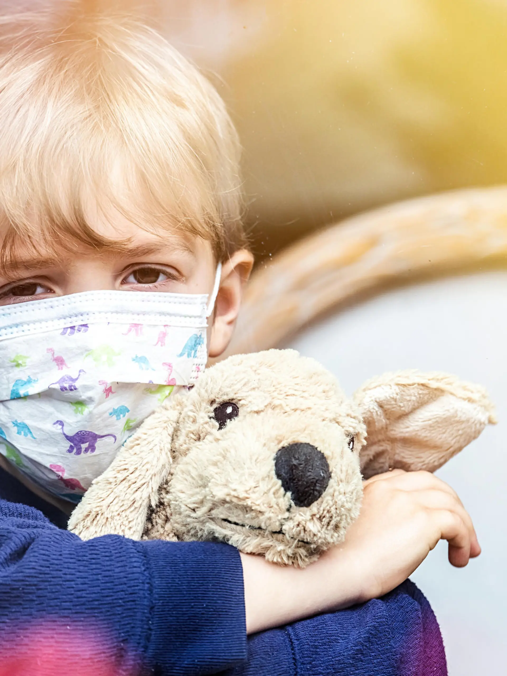 Caucasian sad Little child boy looking through a window using a surgical mask holding a toy dog