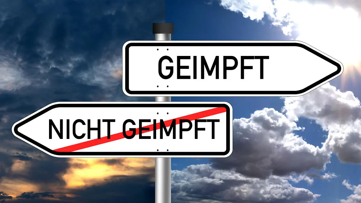 vaccinated unvaccinated signpost on traffic sign - german words: geimpft - ungeimpft