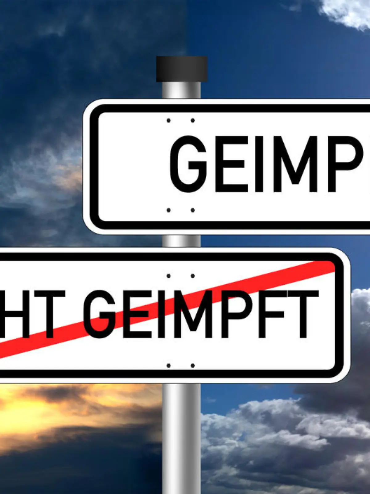 vaccinated unvaccinated signpost on traffic sign - german words: geimpft - ungeimpft