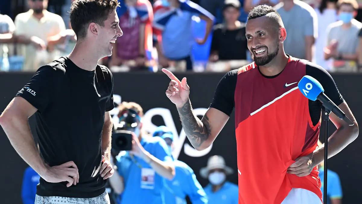 TENNIS AUSTRALIAN OPEN, Thanasi Kokkinakis left and Nick Kyrgios of Australia are interviewed after winning their Mens doubles semifinal match against Marcel Granollers of Spain and Horacio Zeballos of Argentina on Day 11 of the Australian Open, at Melbourne Park, in Melbourne, Thursday, January 27, 2022. ACHTUNG: NUR REDAKTIONELLE NUTZUNG, KEINE ARCHIVIERUNG UND KEINE BUCHNUTZUNG MELBOURNE VIC AUSTRALIA PUBLICATIONxINxGERxSUIxAUTxONLY Copyright: xDAVExHUNTx 20220127001617519546