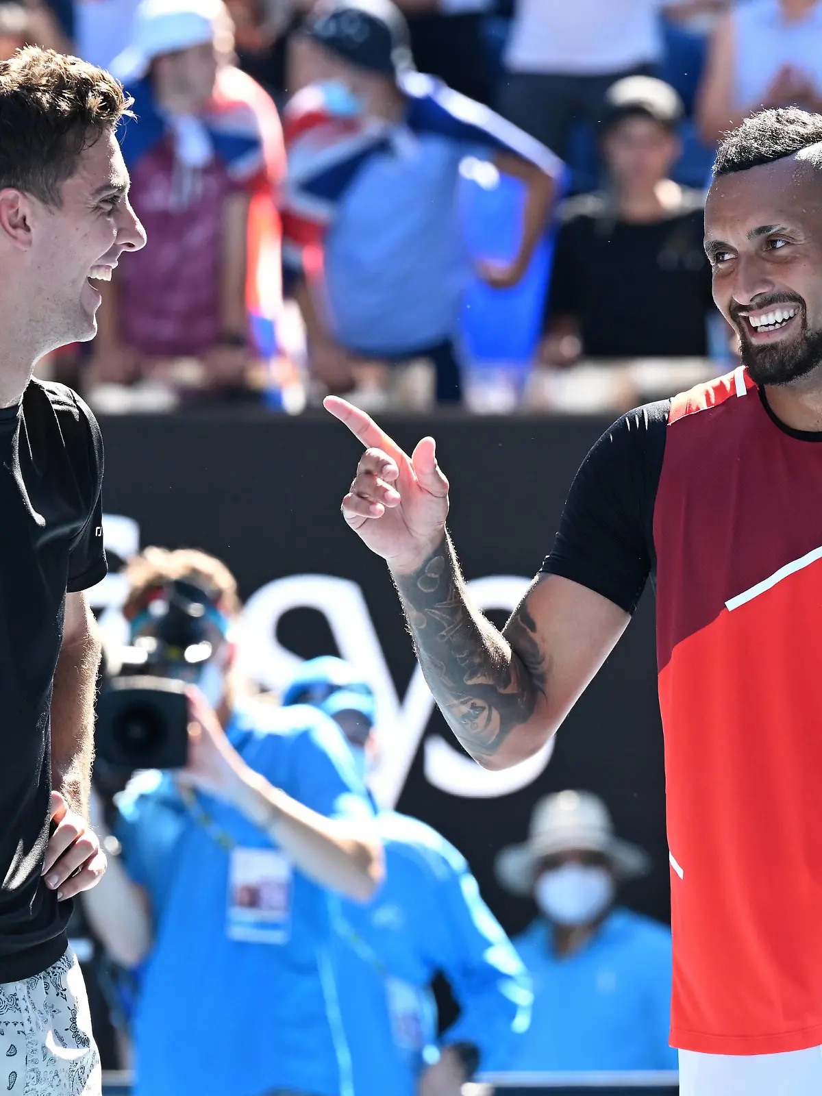  TENNIS AUSTRALIAN OPEN, Thanasi Kokkinakis left and Nick Kyrgios of Australia are interviewed after winning their Mens doubles semifinal match against Marcel Granollers of Spain and Horacio Zeballos of Argentina on Day 11 of the Australian Open, at Melbourne Park, in Melbourne, Thursday, January 27, 2022.  ACHTUNG: NUR REDAKTIONELLE NUTZUNG, KEINE ARCHIVIERUNG UND KEINE BUCHNUTZUNG MELBOURNE VIC AUSTRALIA PUBLICATIONxINxGERxSUIxAUTxONLY Copyright: xDAVExHUNTx 20220127001617519546