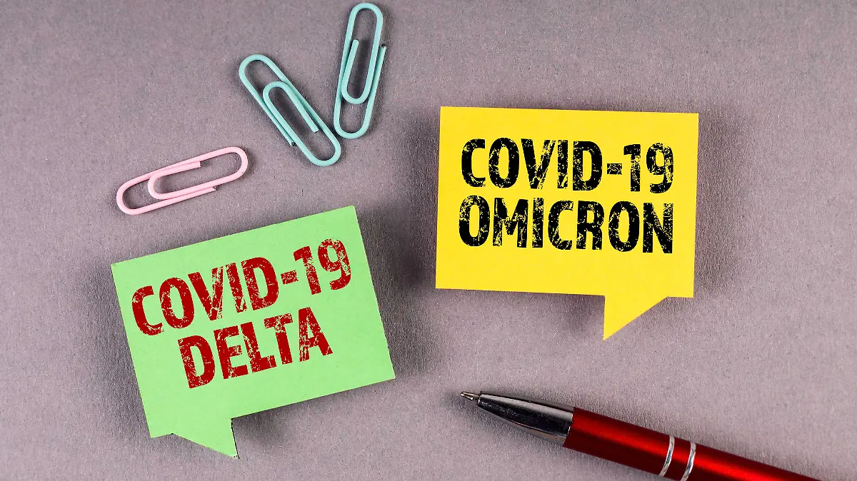Covid-19 Delta and Omicron. Yellow and green speech bubble on a gray background.
