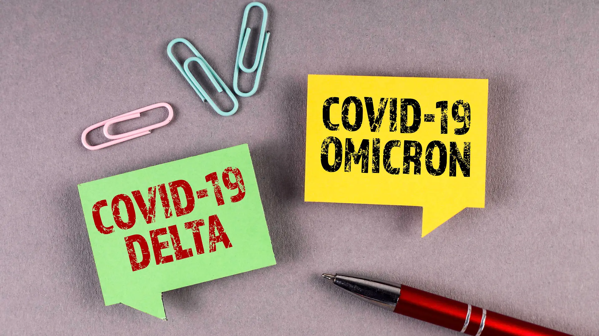 Covid-19 Delta and Omicron. Yellow and green speech bubble on a gray background.