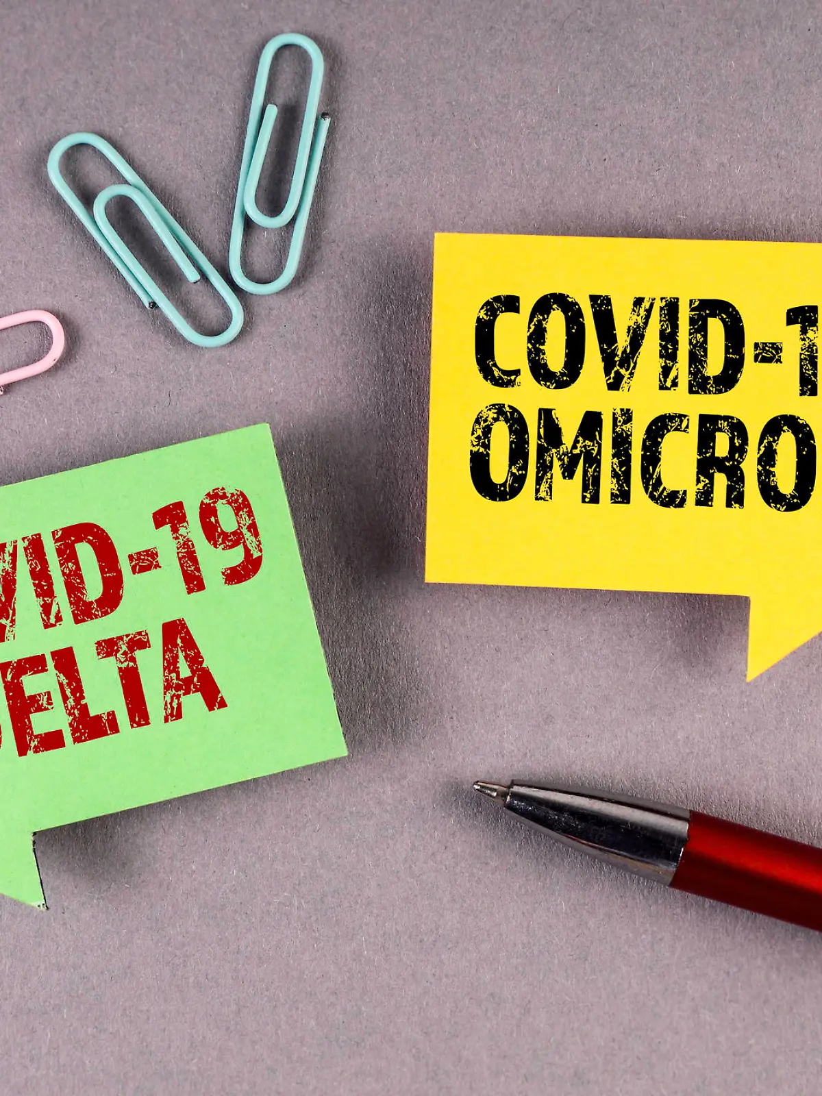 Covid-19 Delta and Omicron. Yellow and green speech bubble on a gray background.