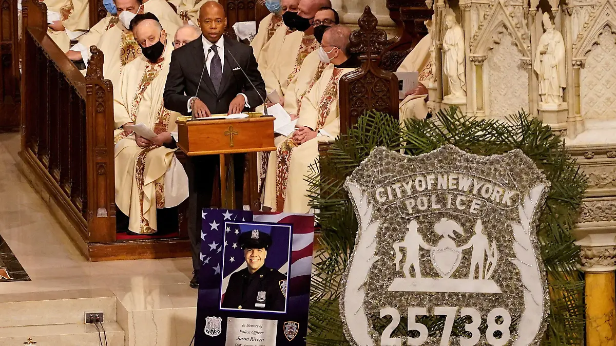 New York City Mayor Eric Adams addresses mourners during a funeral service for New York City Police Department (NYPD) officer Jason Rivera, who was killed in the line of duty while responding to a domestic violence call, at St. Patrick's Cathedral in the Manhattan borough of New York City, U.S., January 28, 2022. Mary Altaffer/Pool via REUTERS