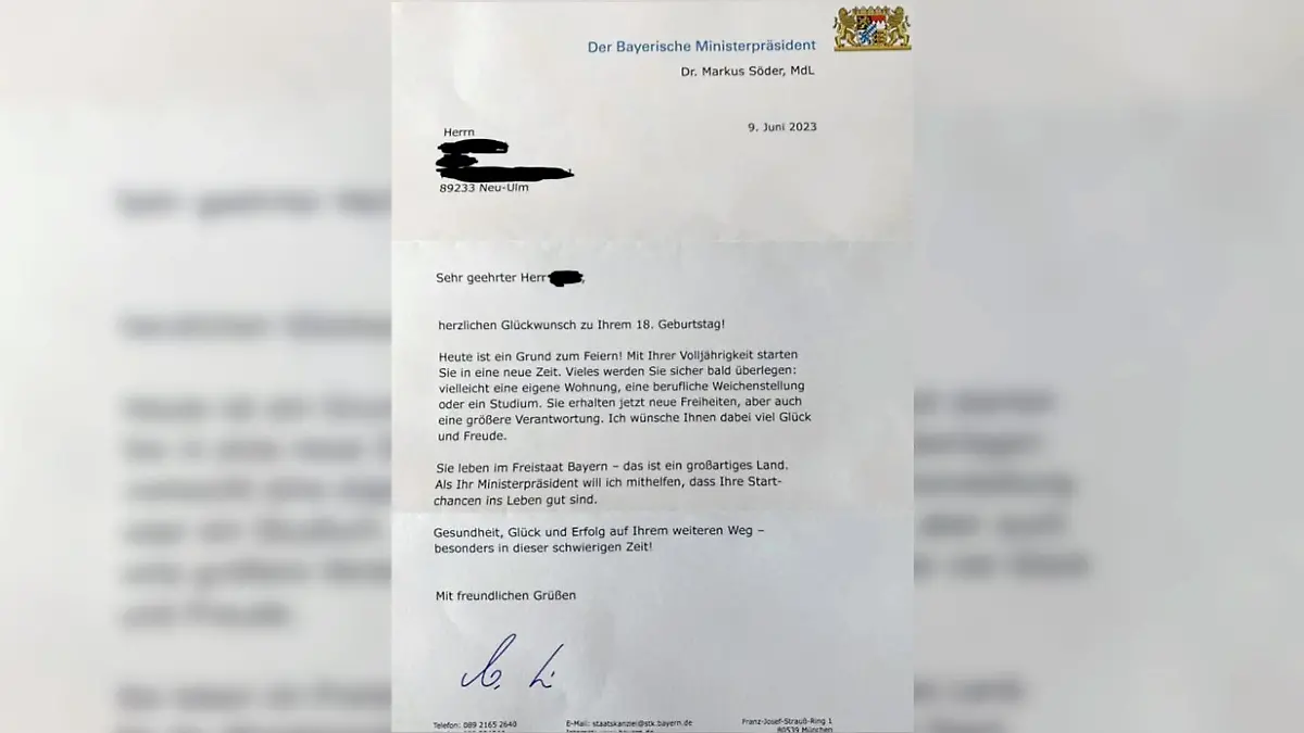 Söder gratuliert einem 18-jährigen per Brief.