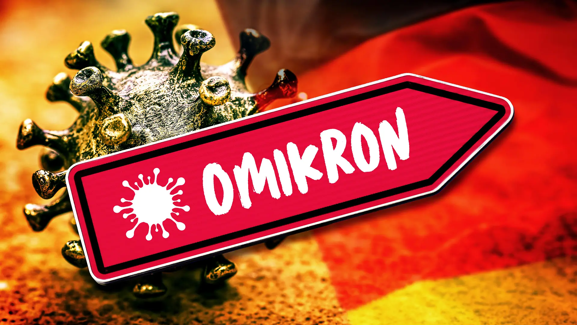FOTOMONTAGE, Roter Wegweiser mit Aufschrift Omikron, steigende Omikron-Fallzahlen in Deutschland *** PHOTOMONTAGE, Red signpost with inscription Omikron, increasing Omikron case numbers in Germany 