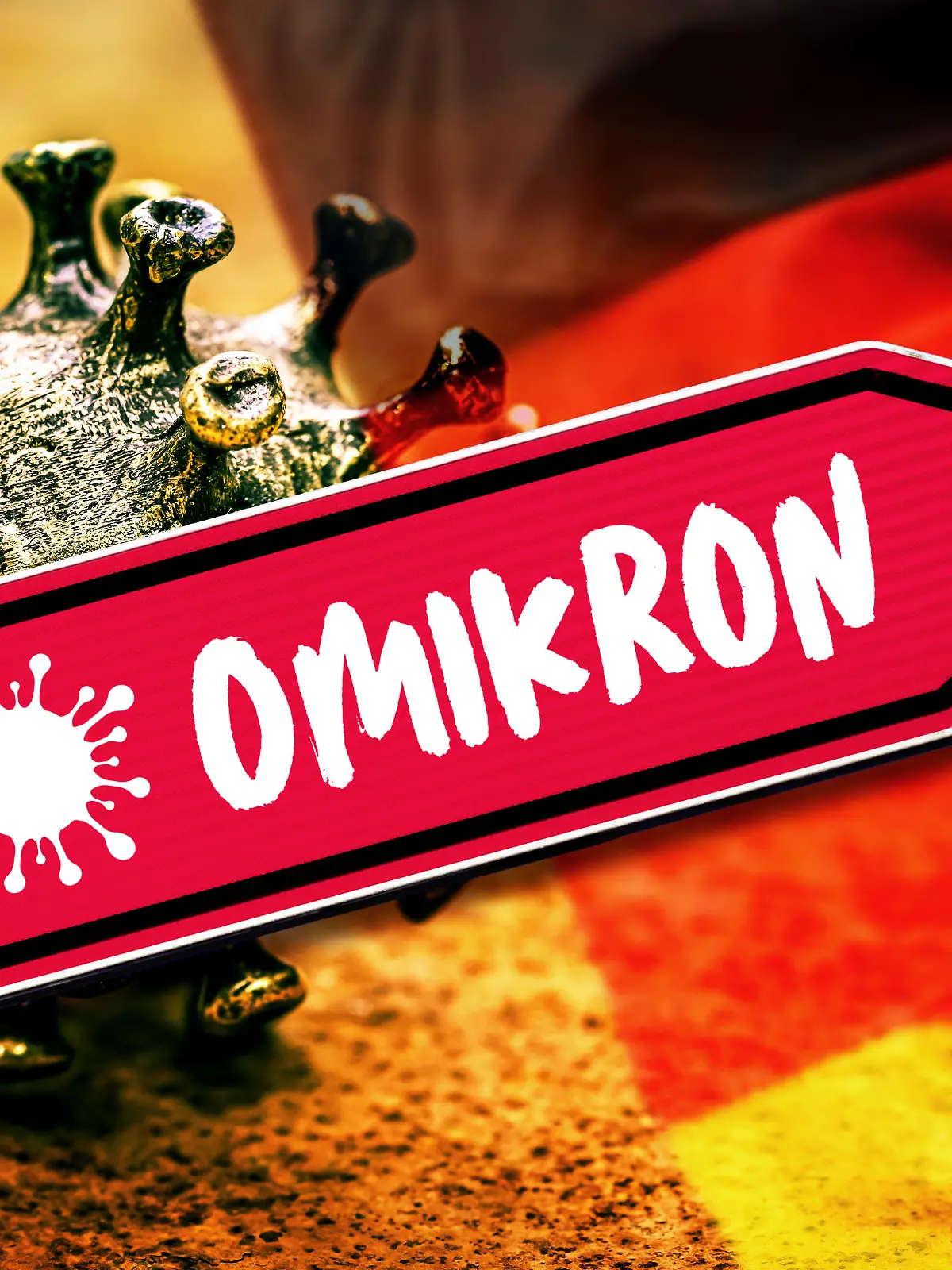 FOTOMONTAGE, Roter Wegweiser mit Aufschrift Omikron, steigende Omikron-Fallzahlen in Deutschland *** PHOTOMONTAGE, Red signpost with inscription Omikron, increasing Omikron case numbers in Germany 